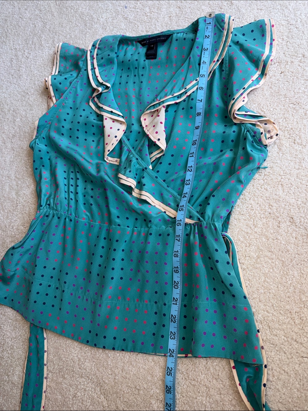 Marc By Marc Jacobs 💯 silk Teal Polka Dot Ruffle Wrap Top - Picture 10 of 11